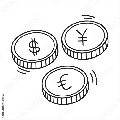 illustration of dollar, euro, and yen coins, hand drawn doodle