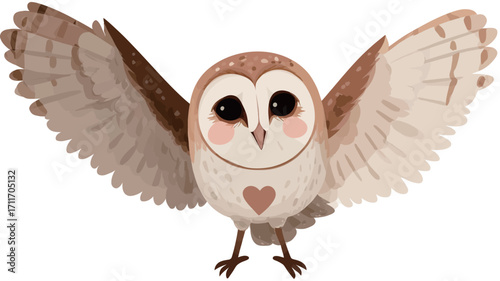 A digital illustration of a barn owl. The owl is depicted in a cartoonish style with large, expressive eyes and a heart-shaped marking on its chest. Its wings are spread wide, suggesting movement