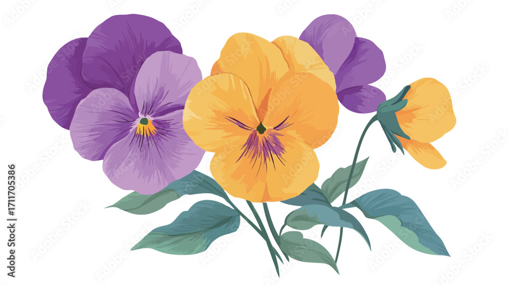 custom made wallpaper toronto digitalA digital illustration or painting depicting a close-up view of three pansies. Two pansies are predominantly purple and one is yellow. The purple pansies exhibit varying shades, with one displaying