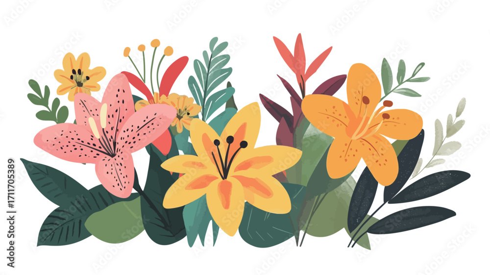 Naklejka premium A digital illustration depicting a stylized floral arrangement. The arrangement features prominent pink and yellow lilies, accompanied by various smaller flowers and green leaves.