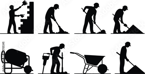 Construction worker silhouettes, labor tools, building industry, manual work, painting, digging, shoveling, jackhammer, wheelbarrow, cement mixer, teamwork, infrastructure, jobsite