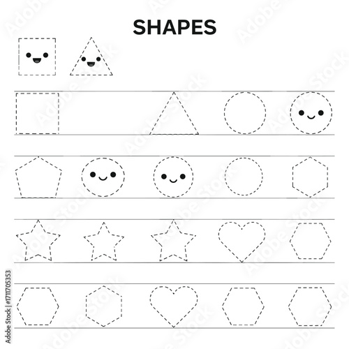 Tracing practice for children to learn basic geometric shapes and improve fine motor skills.