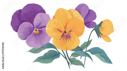 A digital illustration or painting depicting a close-up view of three pansies. Two pansies are predominantly purple and one is yellow. The purple pansies exhibit varying shades, with one displaying