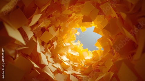 Dynamic swirl of orange paper sheets forming a tunnel with light at the end, suggesting energy and movement.