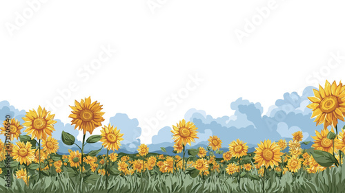 Digital illustration of a field of sunflowers against a backdrop of a cloudy sky. The sunflowers are depicted in varying stages of bloom with yellow petals and green stems and leaves.