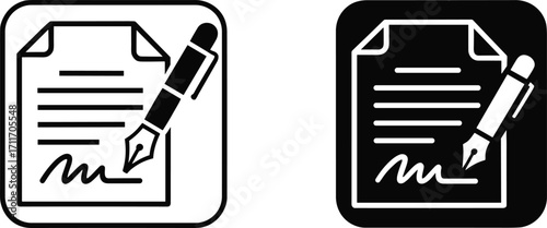 Document signing icons, contract approval, legal agreement, signature, fountain pen, paperwork, business deal, authorization, official document, approval process