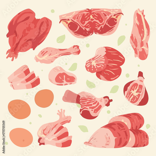 Different cuts of meat and eggs on a light background for food bloggers, restaurants, butcher shops, meat markets, and culinary websites.