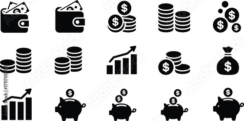 Finance icons, savings symbols, wallet, coins, piggy bank, investment, growth chart, banking, economy, budget, wealth, money management, financial planning