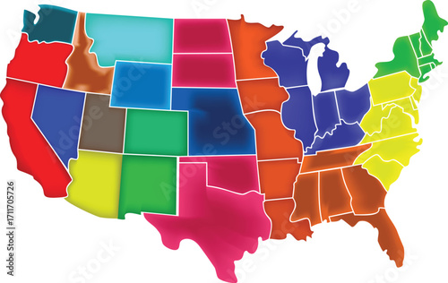 Colorful map of the United States showcasing individual states and their borders.