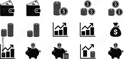 Finance icons, savings symbols, wallet, coins, piggy bank, investment, growth chart, banking, economy, budget, wealth, money management, financial planning