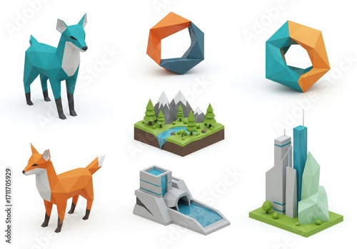 Collection of stylized 3d isometric objects and nature scenes