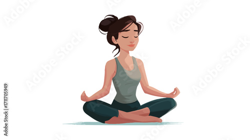 A digital illustration depicting a young woman with dark brown hair tied up in a bun, sitting in a lotus position with her eyes closed. She is wearing a teal sleeveless top and dark teal pants.
