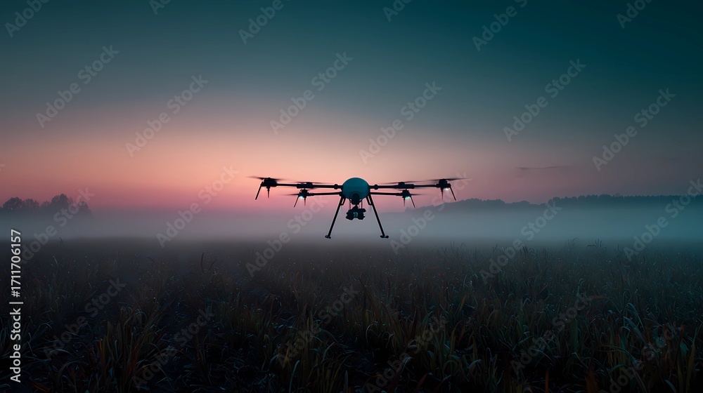 Fototapeta premium Agrodron performing autonomous flight above cultivated field, utilized for real-time mapping and precision crop treatment.