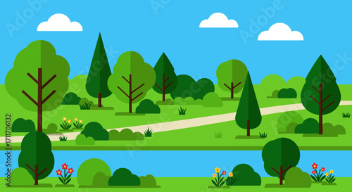 Vibrant flat design park landscape with river trees and rolling green hills