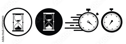 Set of colorful hourglasses vector icons. Sandglass timer symbol for passage of time, deadline, and countdown. Simple flat cartoon illustration of sand clock collection
