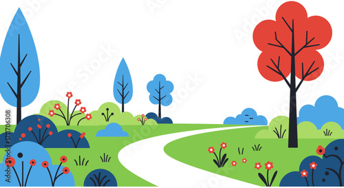 Whimsical cartoon landscape with winding path trees flowers and rolling hills