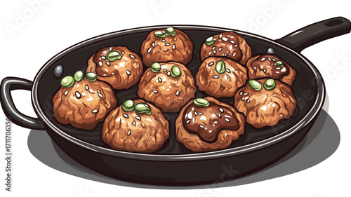 An illustration of a dark-colored skillet containing approximately ten round, pan-fried meatballs. The meatballs are light brown and appear to be coated in a dark brown glaze or sauce.