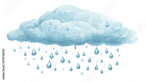 Digital illustration of a single cumulus-shaped cloud against a white background.  Numerous individual teardrop-shaped raindrops are depicted falling from the cloud. The cloud and raindrops are