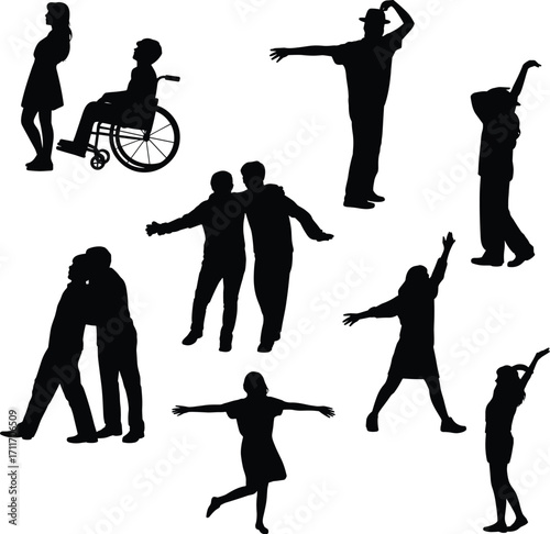 Human silhouettes, inclusivity, wheelchair accessibility, celebration, joy, dance, support, diversity, family, friendship, community, gesture, body language, lifestyle, connection