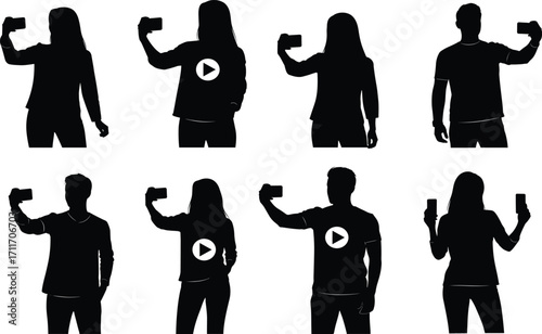 Selfie and video silhouette set, black, smartphone poses with play icons, vector, isolated social media and content bundle