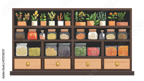 A digital illustration depicts a dark brown wooden cabinet with multiple shelves filled with various jars and small pots. The top shelves contain small potted plants, likely herbs.