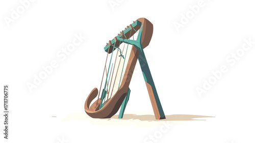 A digital illustration of a lyre, a stringed musical instrument, depicted in a stylized manner. The lyre is rendered in shades of teal and brown, with simplified shapes and lines.