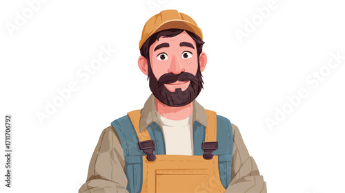 A digital illustration of a cartoon construction worker.  The style is a stylized, slightly three-dimensional cartoon. The worker is a male with a beard, wearing a yellow hard hat and blue and