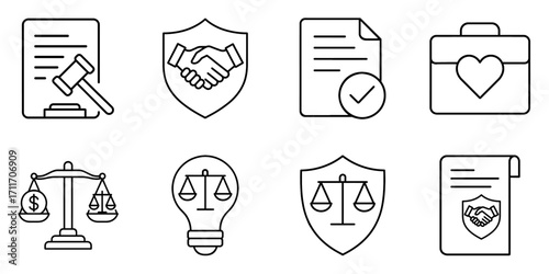 Law and justice line icons set with gavel, contract, handshake, scales, shield, briefcase, and legal protection symbols