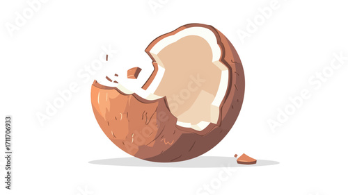 A digital illustration of a broken coconut. The coconut is depicted in a realistic style with a cracked shell revealing the white flesh inside.  The illustration is vector-based, with clean lines