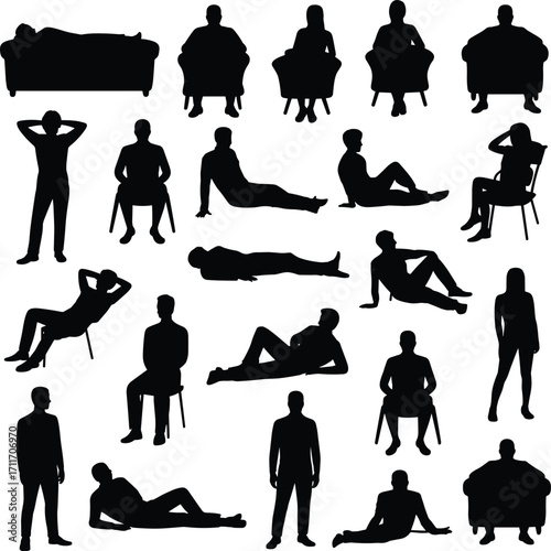 Human silhouettes, seated, standing, reclining poses, body language, casual and formal postures, ergonomics, lifestyle, design reference, art, animation, gesture