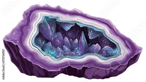 A digital illustration of an amethyst geode. The geode is depicted as a partially opened rock, revealing a cavity filled with numerous purple and blue crystals.