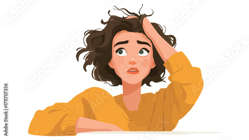 A digital illustration of a young woman with curly brown hair. She is wearing a yellow sweater and has her hand in her hair, looking upwards with a worried expression on her face. 