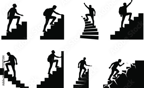 Staircase challenge silhouette set, black, backpack poses, triumph and obstacle scenes, vector, isolated, personal growth bundle