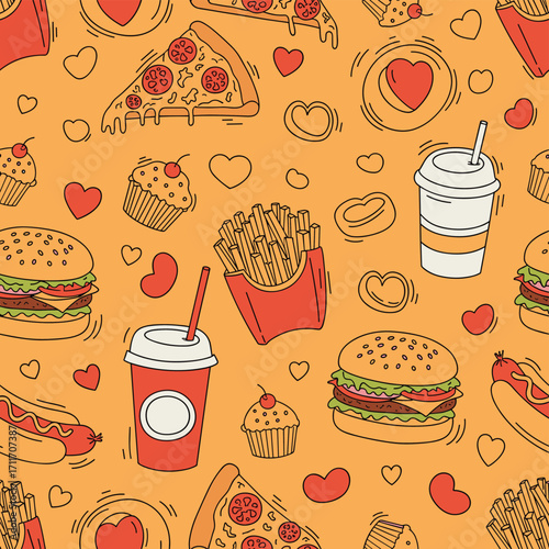 A delightful collection of fast food items and sweet treats on a vibrant orange background.