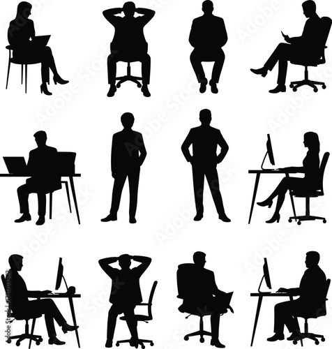 Office silhouettes, business people, workplace posture, professional staff, teamwork, communication, career success, corporate lifestyle, management, meeting, employee, executive, discussion