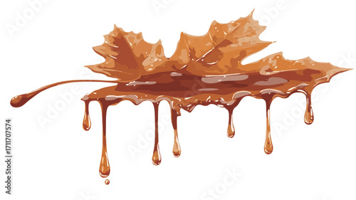 A stylized illustration of a single maple leaf in shades of orange and brown. The leaf appears to be dripping a viscous, syrup-like substance. The background is pure white, providing a stark