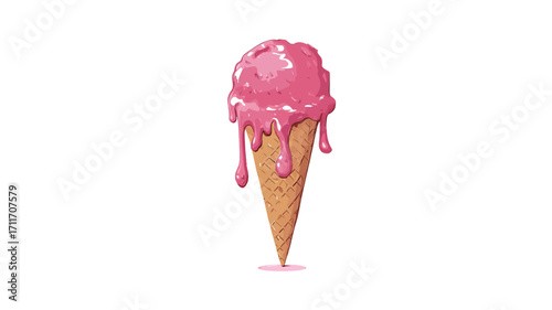 A digital illustration of a single scoop of pink ice cream melting on a waffle cone. The ice cream is a light pink color and has a slightly textured appearance.  