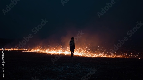 Silhouette of a person standing near glowing sparks in the darkness, creating a dramatic and mysterious nighttime scene.