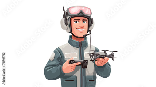 A vector illustration depicting a smiling male drone pilot wearing a headset, goggles, and a gray jacket.  He is holding a small drone in each hand and a remote controller.