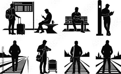 Train station traveler silhouette set, black, seated and walking poses with suitcase, vector, isolated, journey and waiting bundle