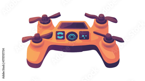A vector illustration of an orange drone viewed from above. The drone has four propellers, a central body with a screen-like display and camera icon.  The style is cartoonish or slightly stylized,