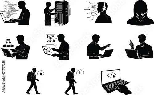 Tech role silhouette set, black, coding, cloud computing, support, planning, mobility, vector, isolated digital and IT bundle