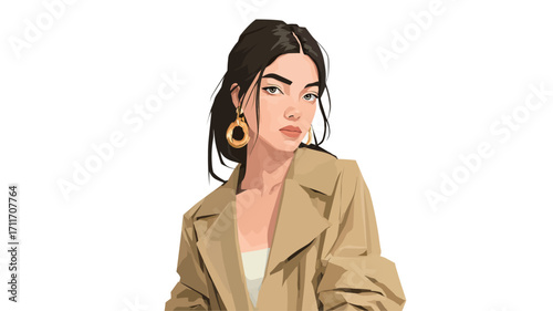 A digital illustration depicting a young woman. The style is minimalist and flat, with clean lines and solid colors. The woman is portrayed from the chest up, wearing a beige coat and gold hoop