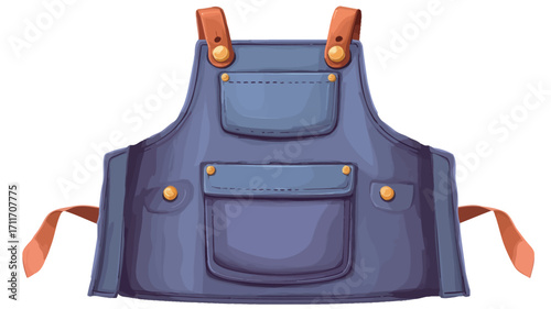 A digital illustration of a blue denim apron with brown leather straps and multiple pockets. The apron has visible stitching details and golden-colored buttons. The background is plain white,