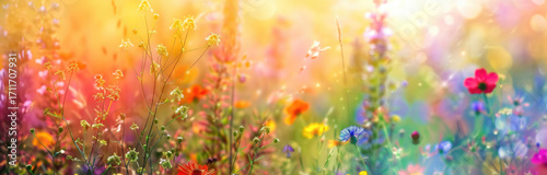 Colorful wildflower meadow blooms in springtime sunlight with vibrant hues and soft focus background for a serene atmosphere