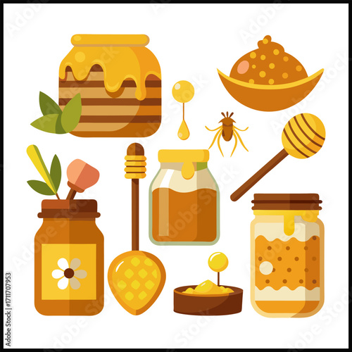 Bee honey set vector illustration. Cartoon isolated sweet beekeeping farm food products collection with honeycomb, glass jar and spoon with yellow liquid, bread and cake with honey, honeybee insect
