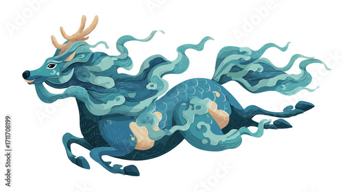Digital painting or illustration of a mythical creature resembling a horse with flowing, water-like blue mane and tail. The creature is depicted in a running pose against a white background.