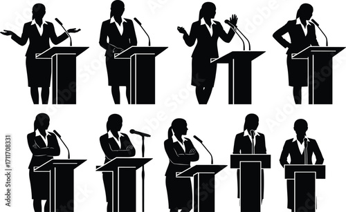 Woman speaker silhouette set, black, podium and microphone poses, business attire, vector, isolated, public speaking bundle