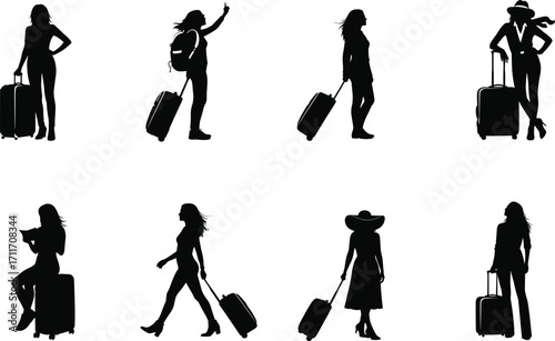 Woman traveler silhouette set, black, suitcase poses, casual and formal attire, vector, isolated, lifestyle bundle, transit icons