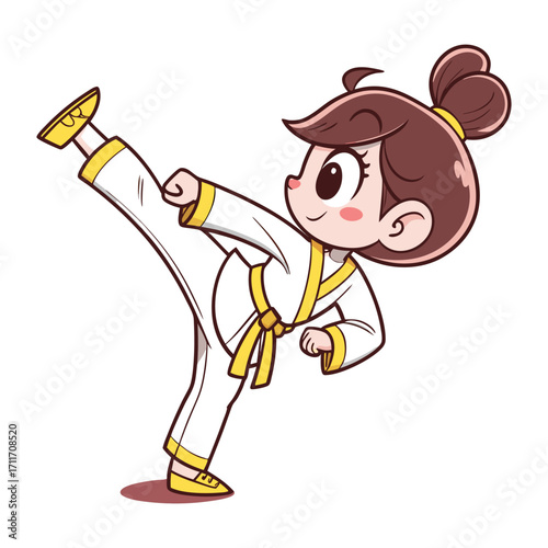 Karate girl performing a high kick in a minimal flat design vector illustration
